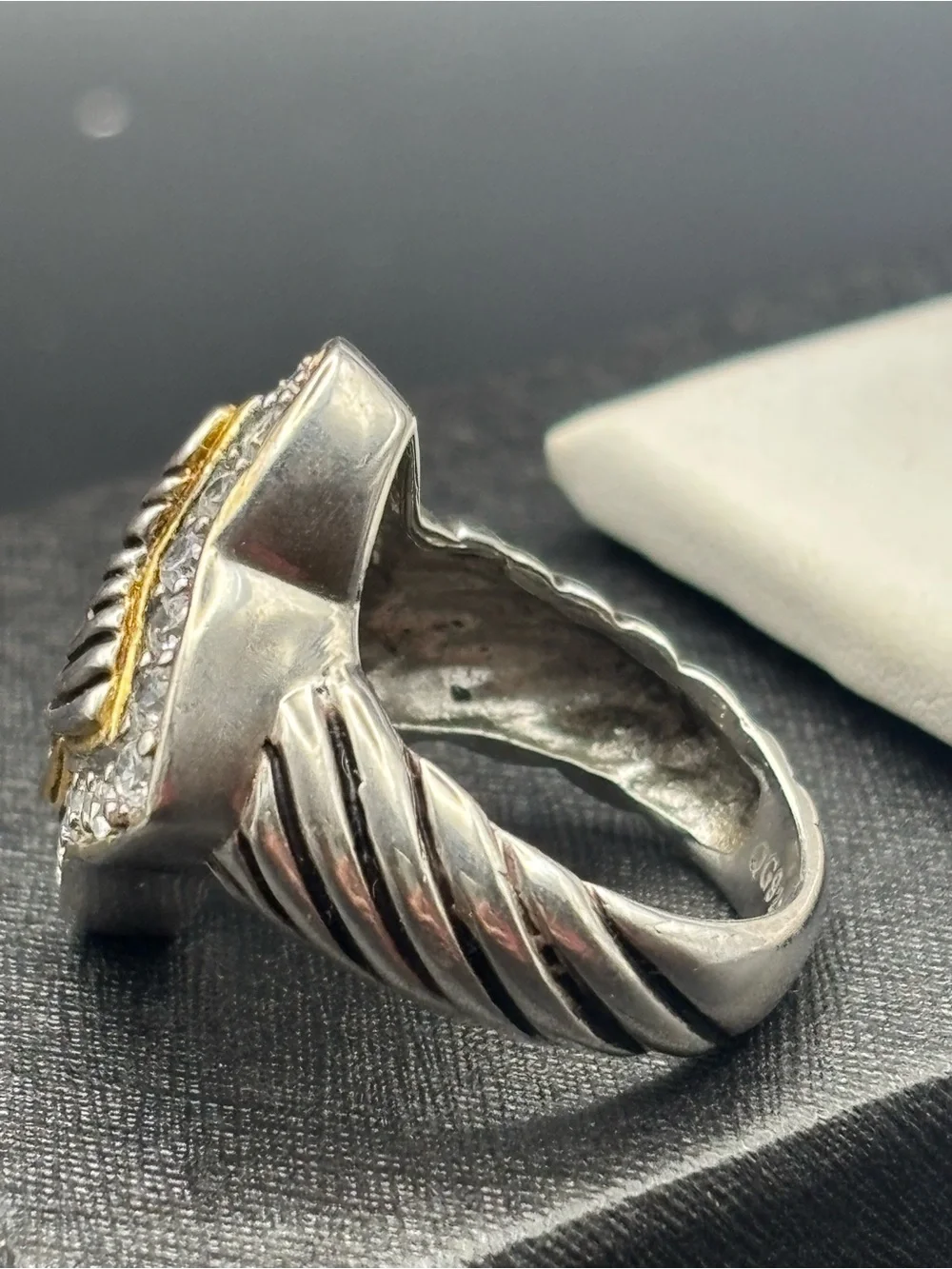 Two-Tone Sterling Square Wave Ring with Clear Crystal Halo -